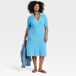 NWT Blue Ribbed Shirt Sleeve Midi Dress Size 3X
